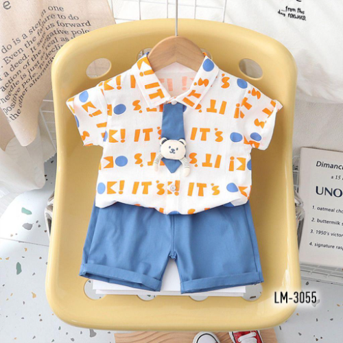 2 CAMISA CON LETRAS CORBATICA CON MUNECO 3D SHORT AZUL NINO BLANCO HUESO/AZUL